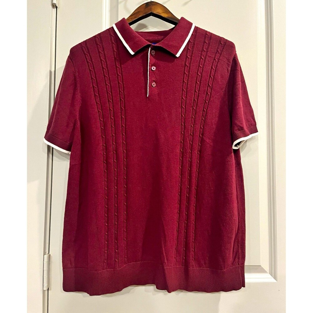 Apt. 9 Men's XL Burgundy/White Solid Knit Short Sleeve Collared Polo Button 0059